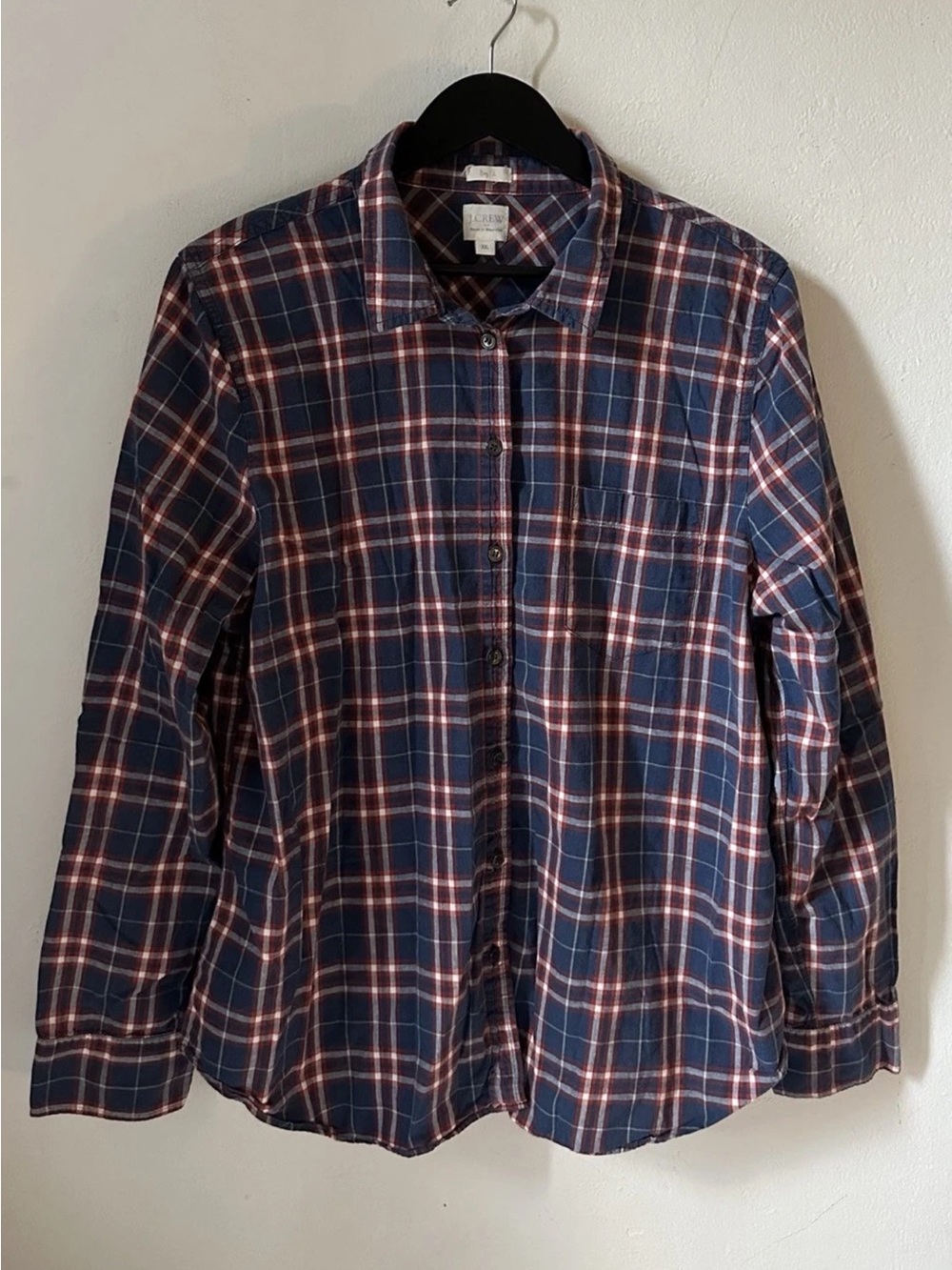 J Crew Womens XXL Boyfit Plaid Button Front Shirt Blue Red Cotton Casual